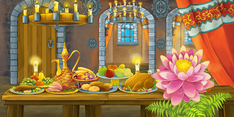 Cartoon fairy tale scene with beautiful flower in front of table full of food - illustration for children