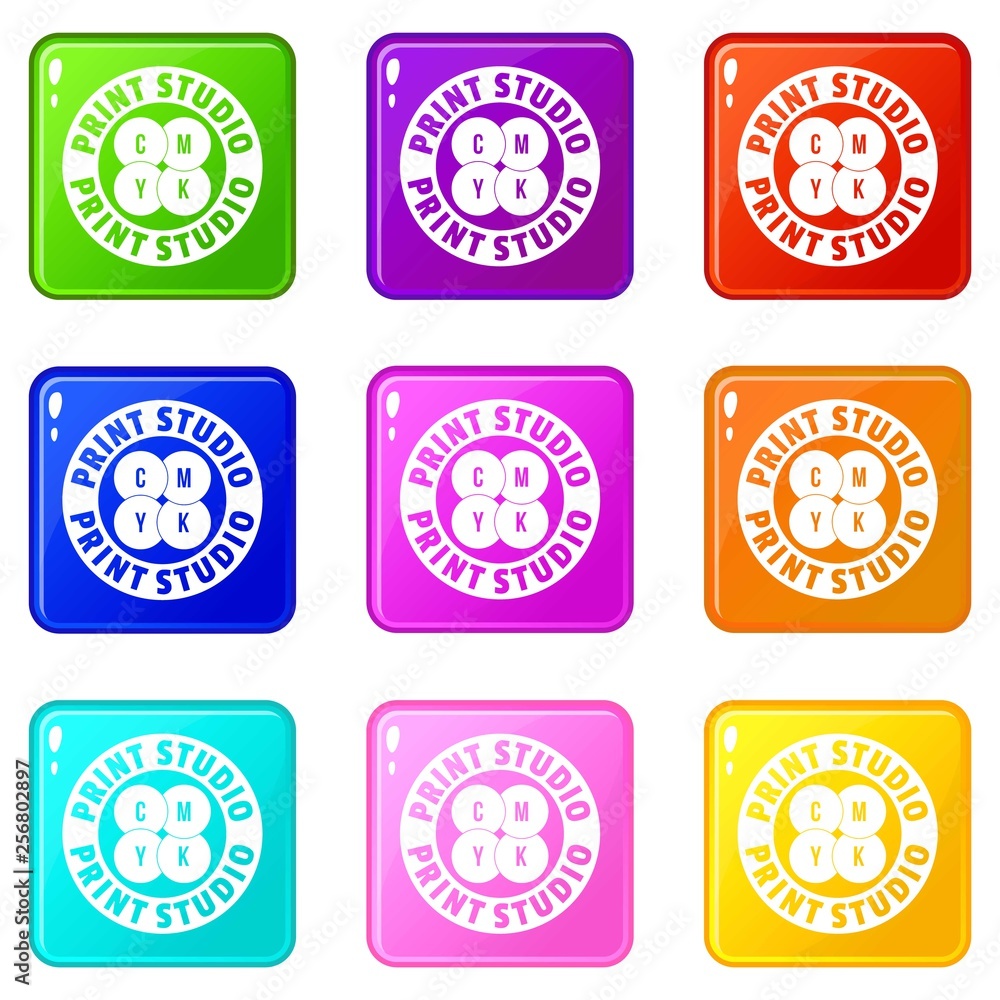 Poster new print studio icons set 9 color collection isolated on white for any design