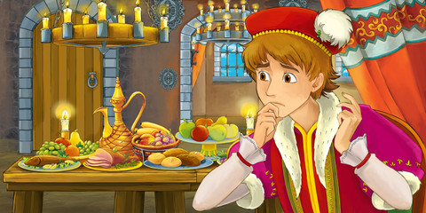 Cartoon fairy tale scene with prince by the table full of food - illustration for children
