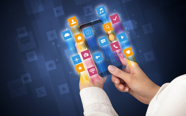 Female hand using smartphone with colorful angular fast switching application icons around