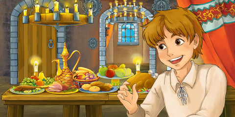 Cartoon fairy tale scene with young boy by the table full of food - illustration for children