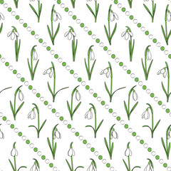 Colored seamless pattern with snowdrops, white and green beads. Vector background.