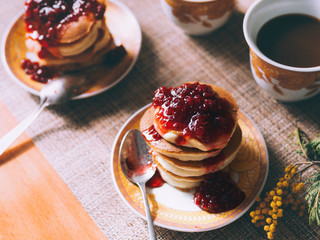 Japanese pancake with raspberry jam. Dessert