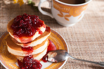 Japanese pancake with raspberry jam. Dessert
