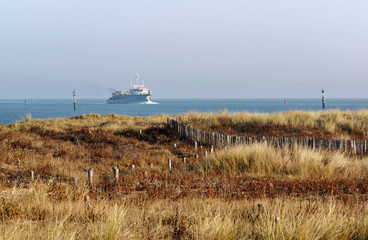 Ferry ship arrival in Ouistreham coast