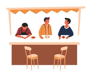 Street food counter and tent bar stools male vendors