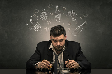 Drunk down and out man with doodle alcohol bottles concept

