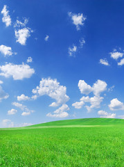 Idyllic view, green hills and blue sky with white clouds