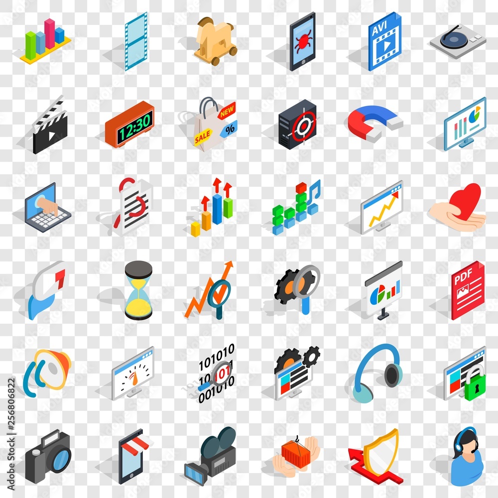Poster design icons set. isometric style of 36 design vector icons for web for any design