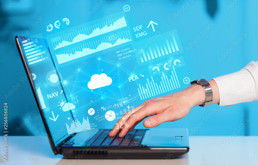 Poster hand using laptop with cloud technology and linked information concept