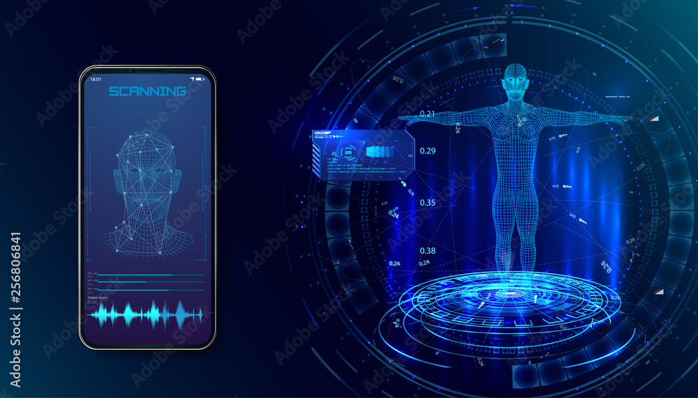 Poster robot. biometric identification or facial recognition system concept. concept of biometric technolog