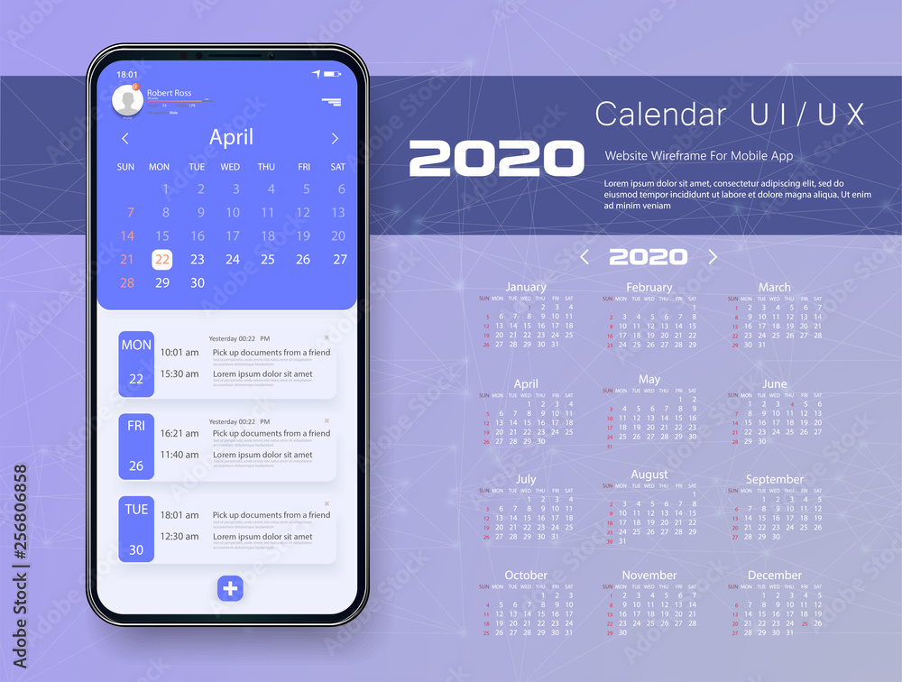 Poster mobile app calendar 2020 week start sunday corporate design template vector tasks ui ux design mocku