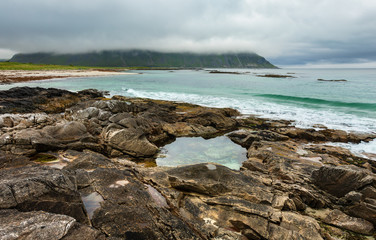 Ramberg beach summer cloudy view (Norway, Lofoten).