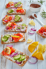 Crispbread red fish open toasts with cheese