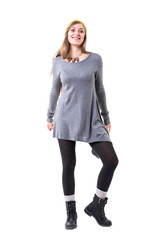  Charming stylish authentic young happy hipster woman in alternative fashion style posing and smiling. Full body isolated on white background. 