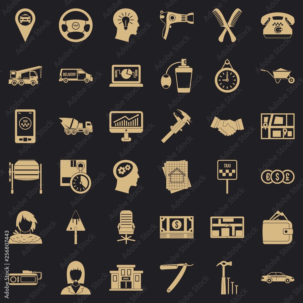 Poster office work icons set. simple style of 36 office work vector icons for web for any design