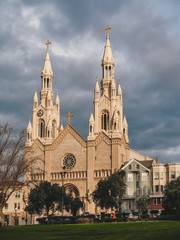 Cathedral in San Francisco in the early morning against a cloudy sky