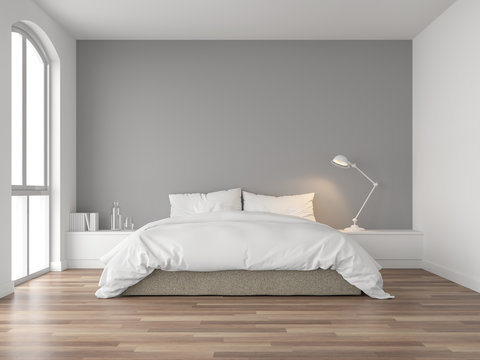 Minimal bedroom 3d render,There are wood floor and  gray wall.Furnished with brown fabric bed and white blanket .There are arch shape window nature light shining into the room.