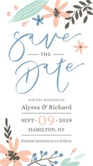 Obraz premium Save the date card with modern brush calligraphy and botanical elements. Wedding announcement digital Invite for smartphone.