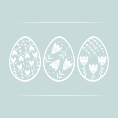 Set of Easter eggs with floral and plant ornamental. Folk style collection, laconic vector graphic Scandinavian style. Blue color. Holiday card celebration design