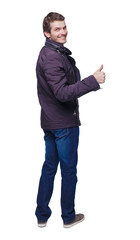 Back view of man in parka thumbs up.