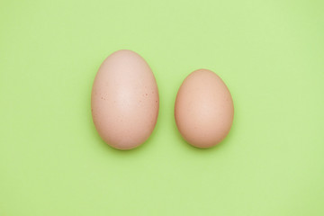 A big egg and a small egg on the light green background.