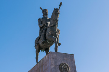 Fototapeta na wymiar Ploiesti, Romania - February 17, 2019: Mihai Viteazul statue monument situated in Ploiesti, Prahova, Romania