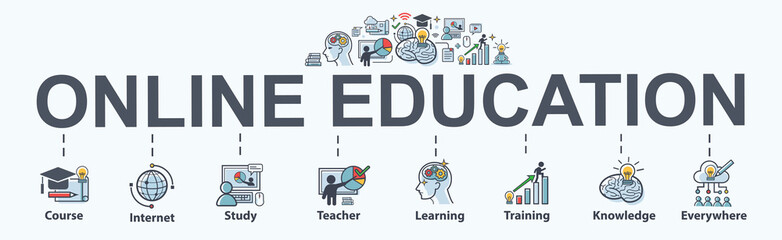 Fototapeta na wymiar Online Education banner web icon for lesson and presentation. course, teacher, study, e learning, knowledge everywhere and everytime. Minimal vector infographic.