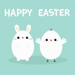 Obraz na płótnie Canvas Happy Easter bunny head face, chicken bird set. White rabbit baby chick. Egg shape. Cute cartoon kawaii funny character. Farm animal. Blue pastel background. Flat design