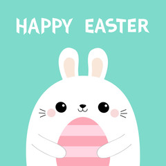 Happy Easter. Bunny rabbit holding pink striped painting egg. Farm animal. Cute cartoon kawaii funny baby character. Blue pastel background. Flat design