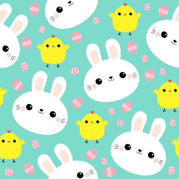 White rabbit bunny face. Chicken, Easter egg. Seamless Pattern. Cute cartoon kawaii funny smiling baby character. Wrapping paper, textile template. Nursery decoration. Green background. Flat design