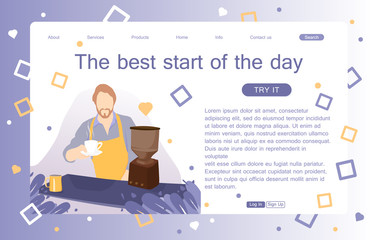 Coffeehouse, coffee shop or cafe with people sitting at tables, drinking coffee and working on laptops and barista standing at counter. Colorful vector illustration in trendy flat cartoon style.