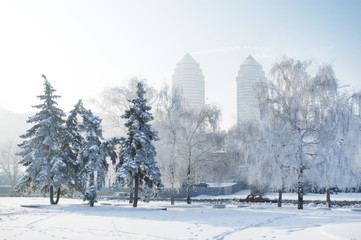 A Winter scene in Dnipro. Winter city, frosty morning. Ukraine