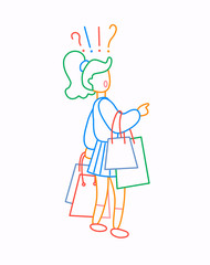 Girl carry shopping bags with purchases and doubts. Sale at store. Thin line flat design, vector illustration in bright colors.