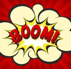 Comic explosion with boom inscription. Pop art poster with explosion and boom lettering