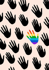 Poster with hands. The flag of the spectrum of pride, homosexuality, the emblem of equality. Parades event announcement banner, poster typographic vector design. 