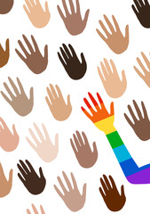 Poster with multi ethnic group hands and telling about gender equality. The flag of the spectrum of pride, homosexuality, the emblem of equality. Parades event announcement banner, poster. 