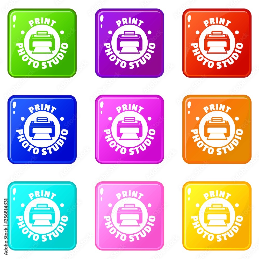 Poster print photo studio icons set 9 color collection isolated on white for any design