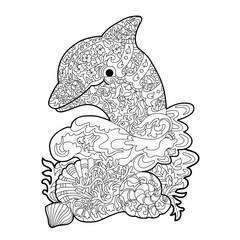 Coloring for adults-stress. Graphics illustration of a Dolphin in the sea on a white background.