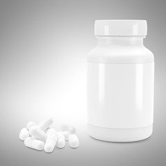 3D White can with vitamins. Bottle with white pills. 3d render. 3D image. 3D model