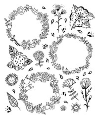 Wreaths and floral compositions vector set. Hand drawn flowers, leaves, blossoms and round frames graphics