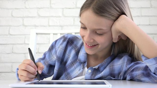 Child Studying on Tablet, Girl Writing in School Class, Learning Doing Homework