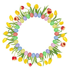 Circular floral frame made of beautiful red and yellow tulips and colorful easter eggs. Isolated on white background. Bright Easter mockup.