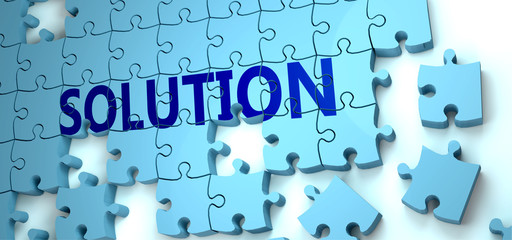 Solution puzzle - complexity, difficulty, problems and challenges of a complicated concept idea pictured as a jigsaw puzzle tiles with a English word, 3d illustration