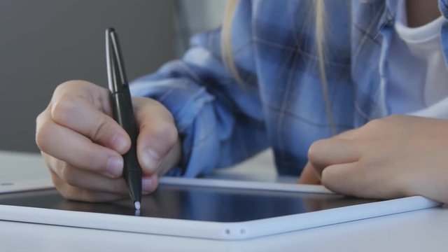 Child Studying on Tablet, Girl Writing in School Class, Learning Doing Homework