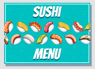 Horizontal cartoon business card. Japanese food poster design for sushi bar or restaurant.
