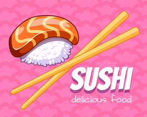 Sushi with salmon and chopsticks. Vector cartoon illustration. Can use for cards, fridge magnets, stickers, posters, menu for bar and restaurant.