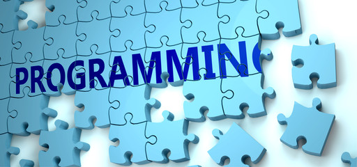 Fototapeta premium Programming puzzle - complexity, difficulty, problems and challenges of a complicated concept idea pictured as a jigsaw puzzle tiles with a English word, 3d illustration