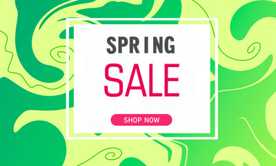Fototapeta na wymiar Spring Sale banner on liquid paint background with curled lines. Template for advertising. Element for graphic design - billboard, poster, flyer, brochure, card. Vector 