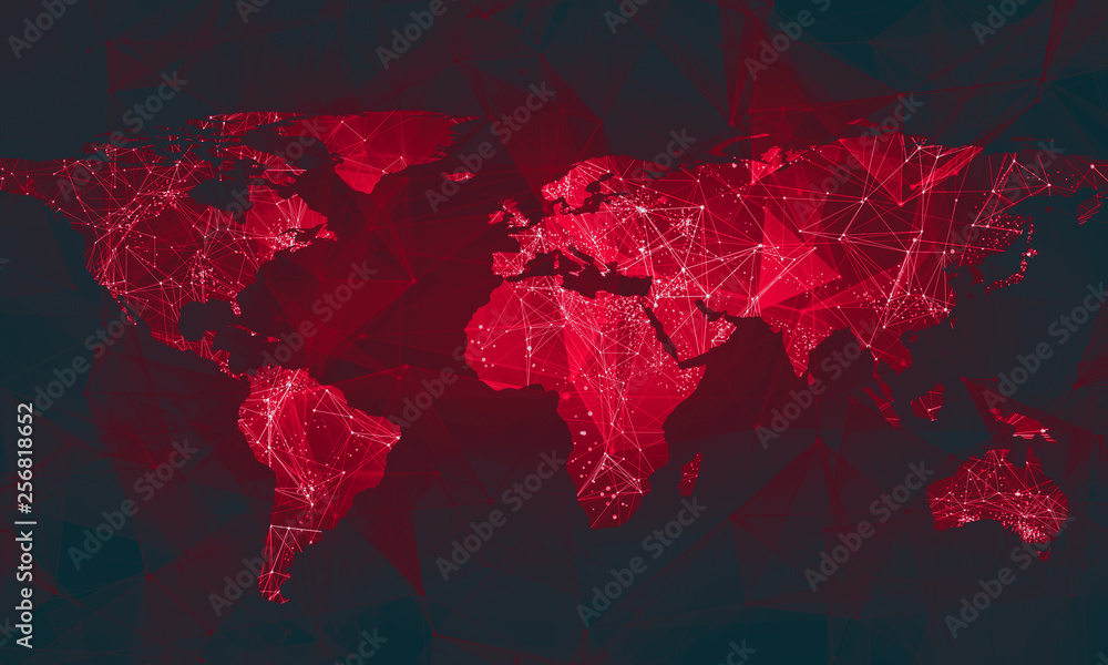 Poster low-poly image of world map with lights, communication. wireframe concept of the world network.
